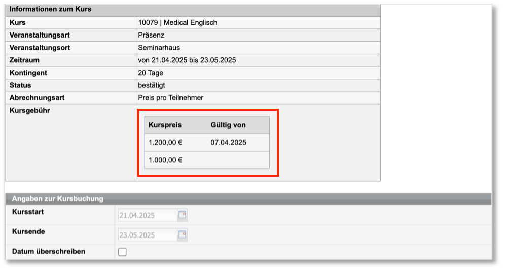 Frühbucherpreis im Buchungsformular