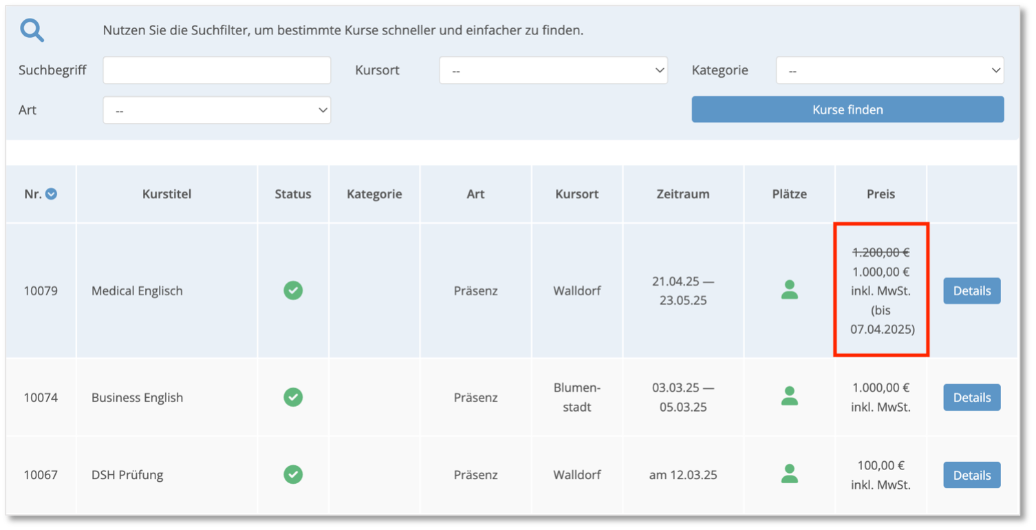 Frühbucherpreis im Online-Kurskalender