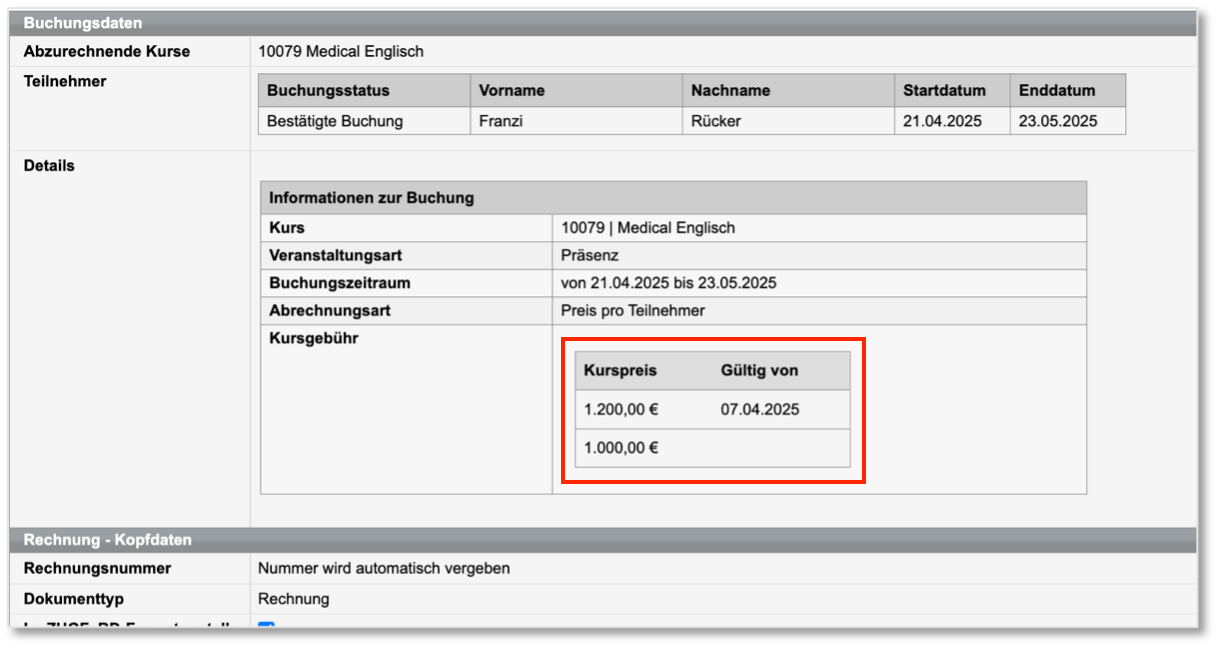 Frühbucherpreis im Rechnungsformular