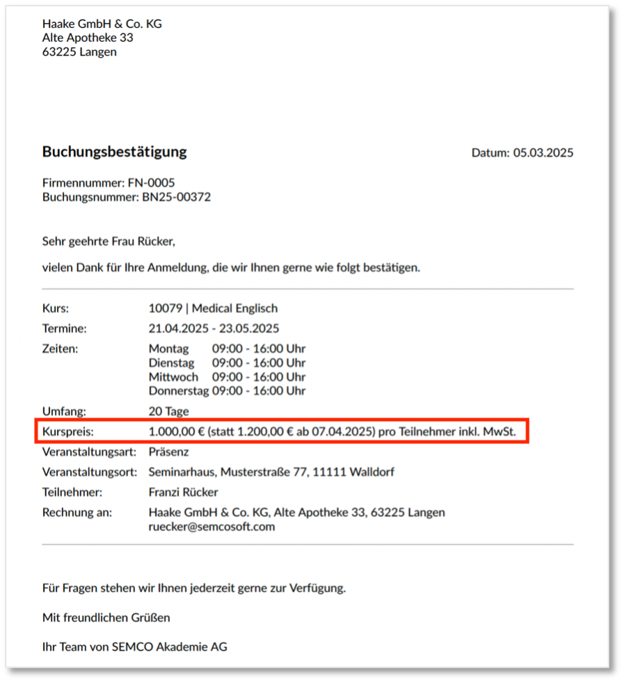 Frühbucherpreis in der Buchungsbestätigung