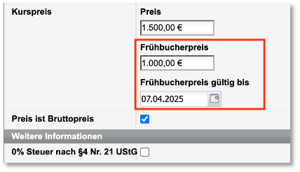 Frühbucherpreis im Kursformular eingeben