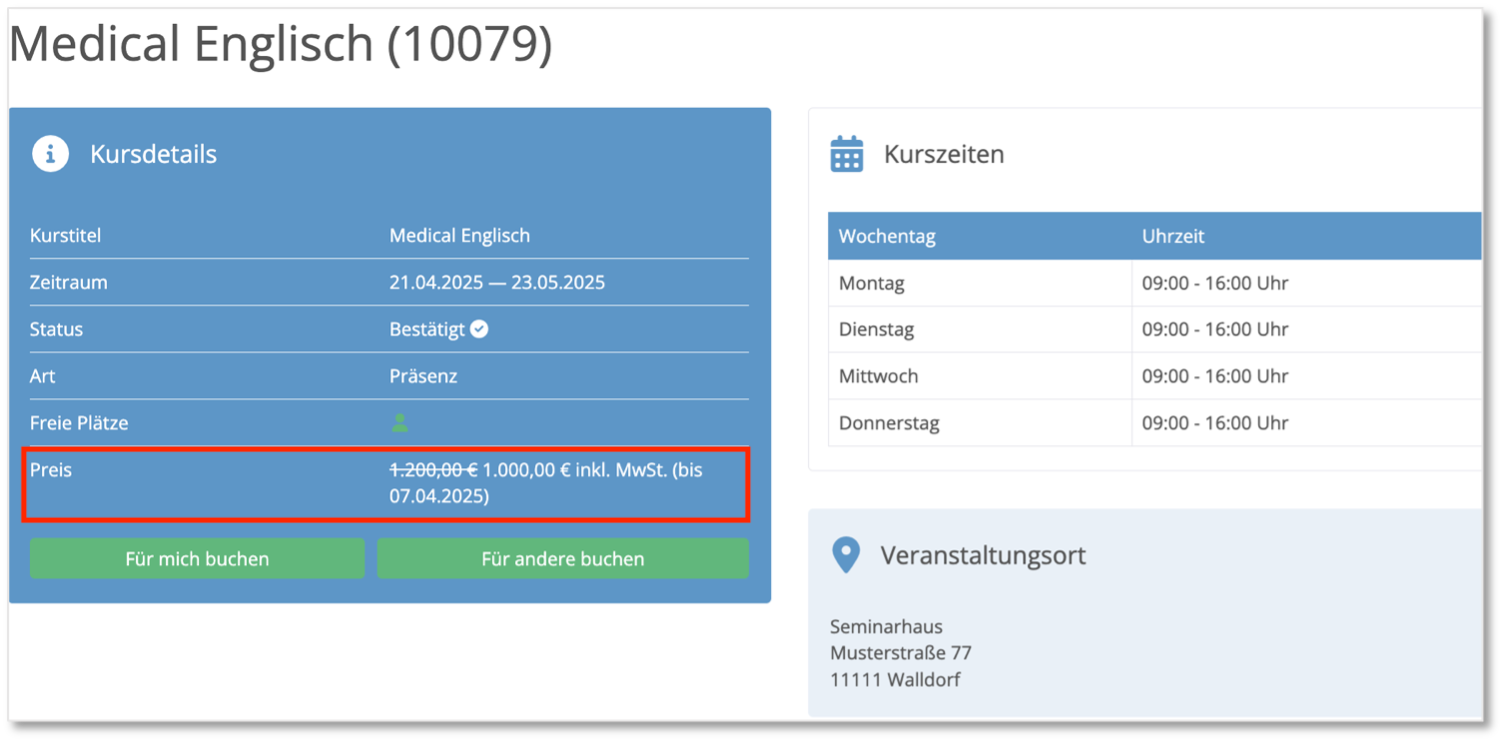 Frühbucherpreis in den Kursdetails bei der Online-Buchung