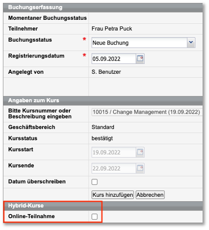 Checkbox für Hybrid-Kurse im Buchungsformular