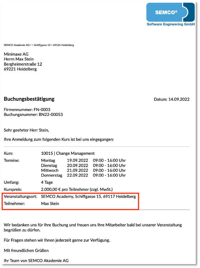 Buchungsbestätigung bei Präsenz-Teilnahme (Firmendirektbuchung)