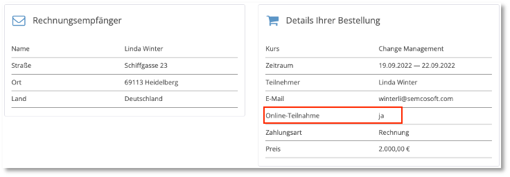 Buchungszusammenfassung nach der Frontend-Buchung