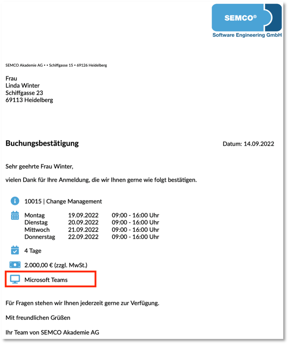 Buchungsbestätigung bei Online-Teilnahme (Privatbuchung)