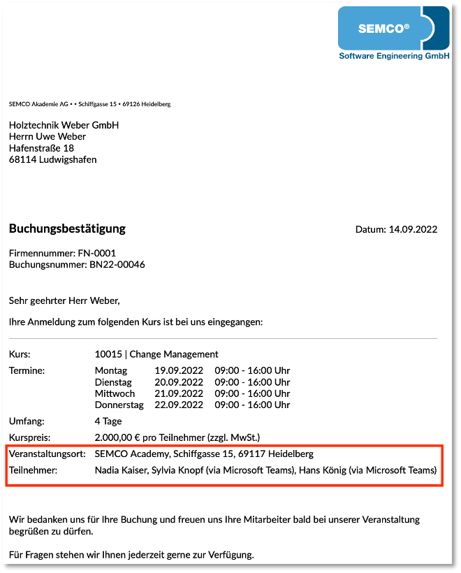 Buchungsbestätigung für Hybrid-Kurs bei Buchung über Besteller