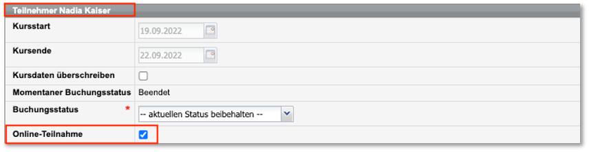 Buchungsformular eines Firmenteilnehmers mit Checkbox zur Online-Teilnahme