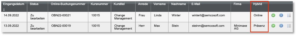 Verarbeitungsliste mit Hybrid-Kurs-Spalte