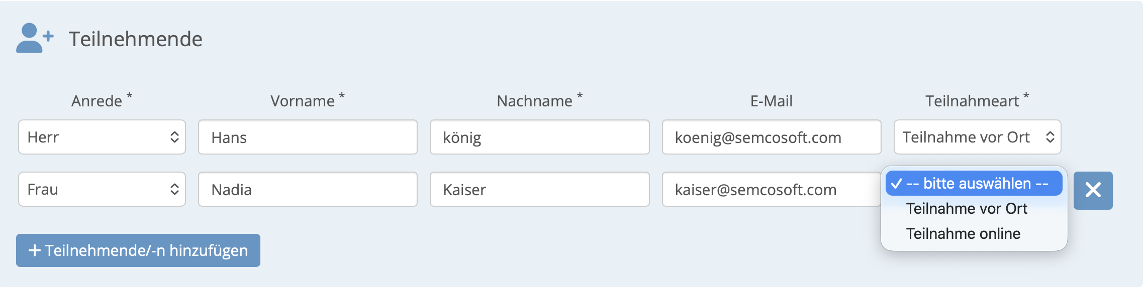 Hybrid-Kurs-Buchung über Besteller im Frontend
