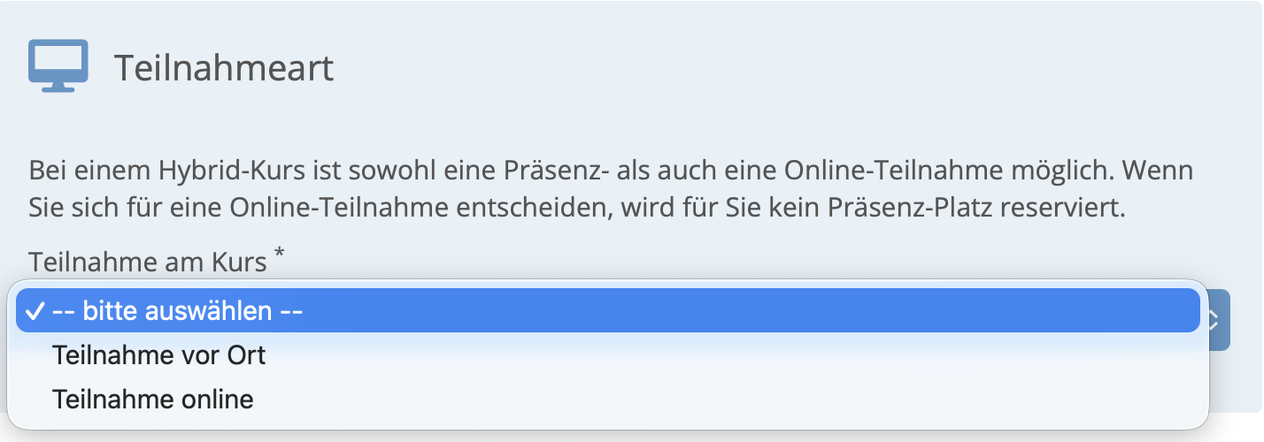 Auswahlmöglichkeit für die Online-Teilnahme im Frontend