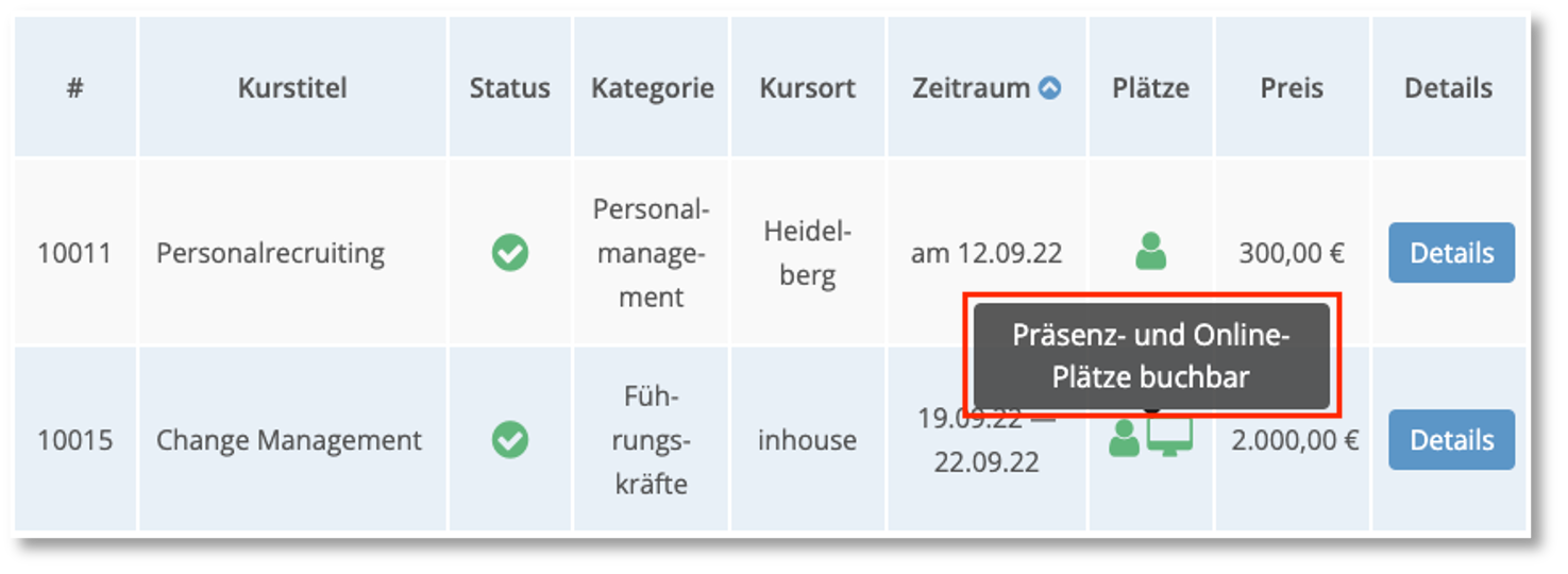 Darstellung eines Hybrid-Kurses im SEMCO-Kurskalender