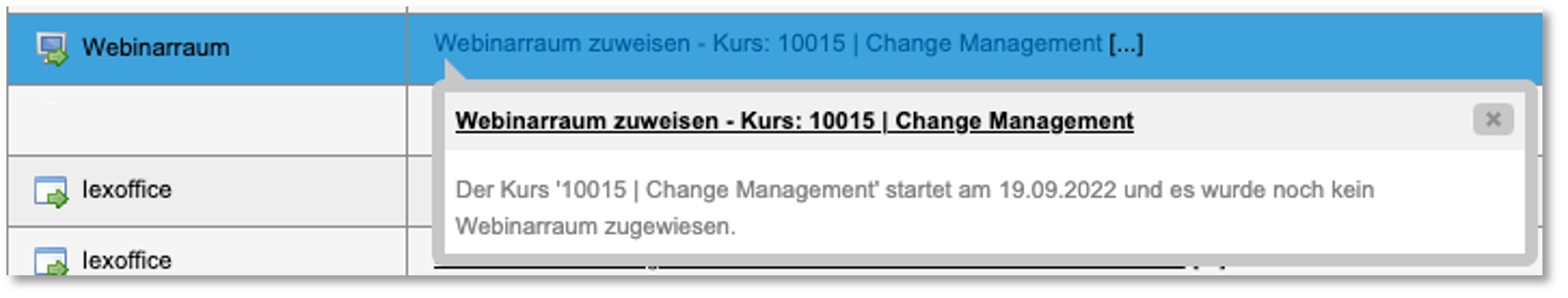 Inbox-Aufgabe: Webinarraum zuweisen