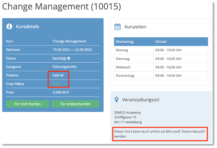 Kursdetails eines Hybrid-Kurses im SEMCO-Kurskalender