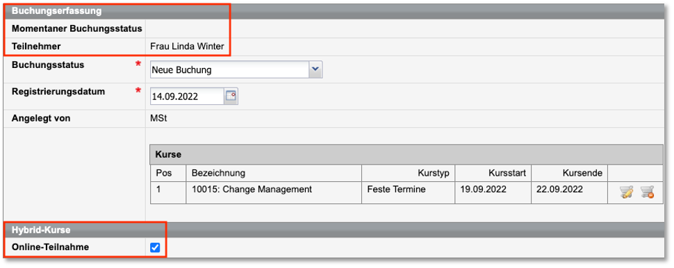 Private Direktbuchung: Buchungsformular mit Online-Teilnahme-Checkbox