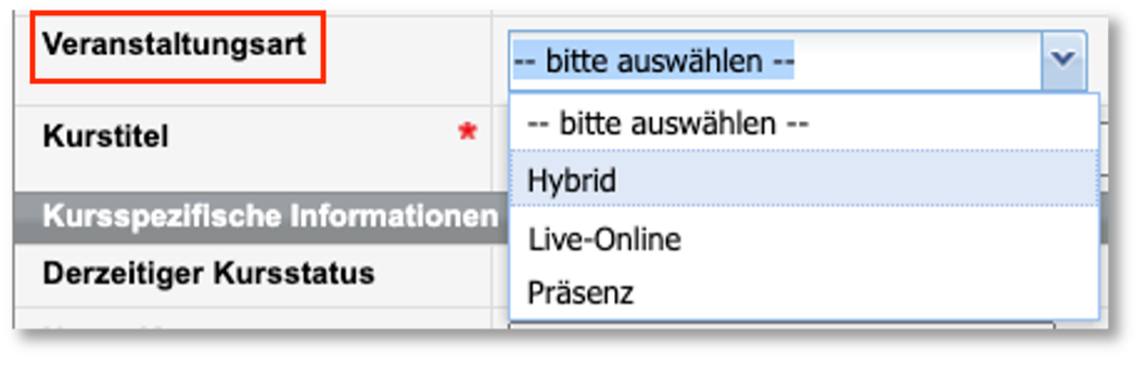 Veranstaltungsart Hybrid im Kursformular