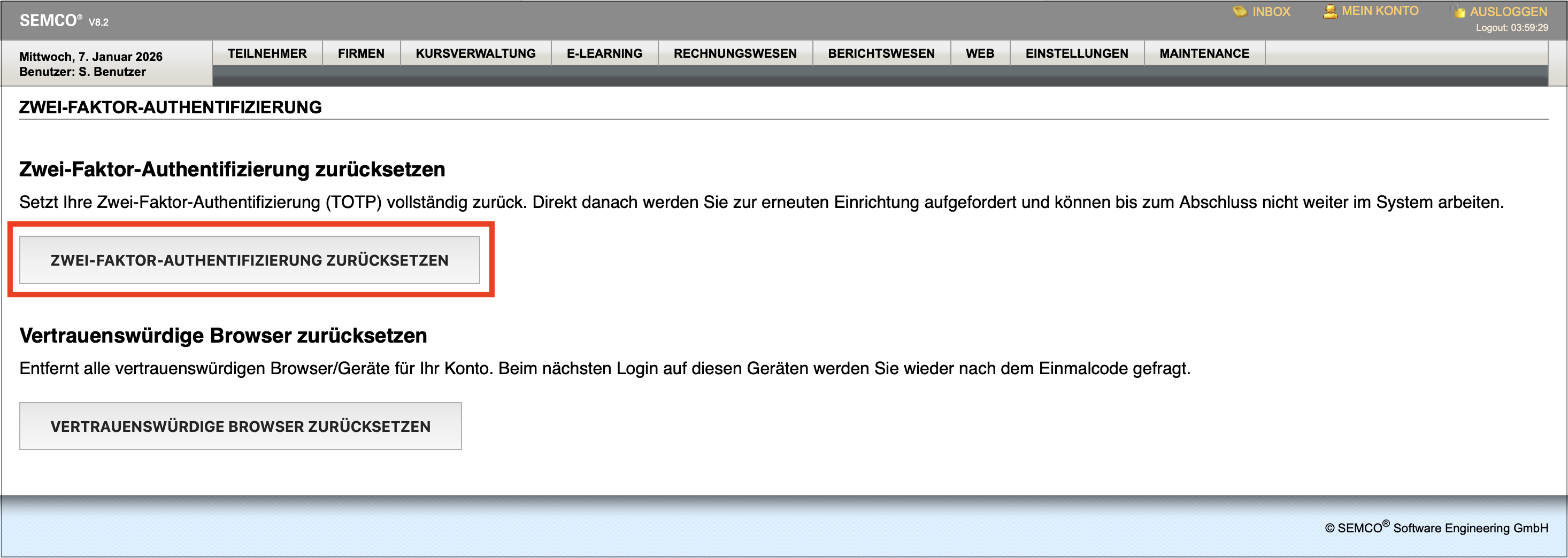 Option für das Reset der Zwei-Faktor-Authentifizierung