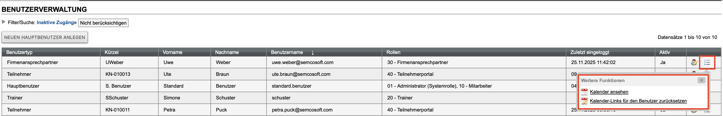 Kalendereinstellungen in der Benutzerverwaltung