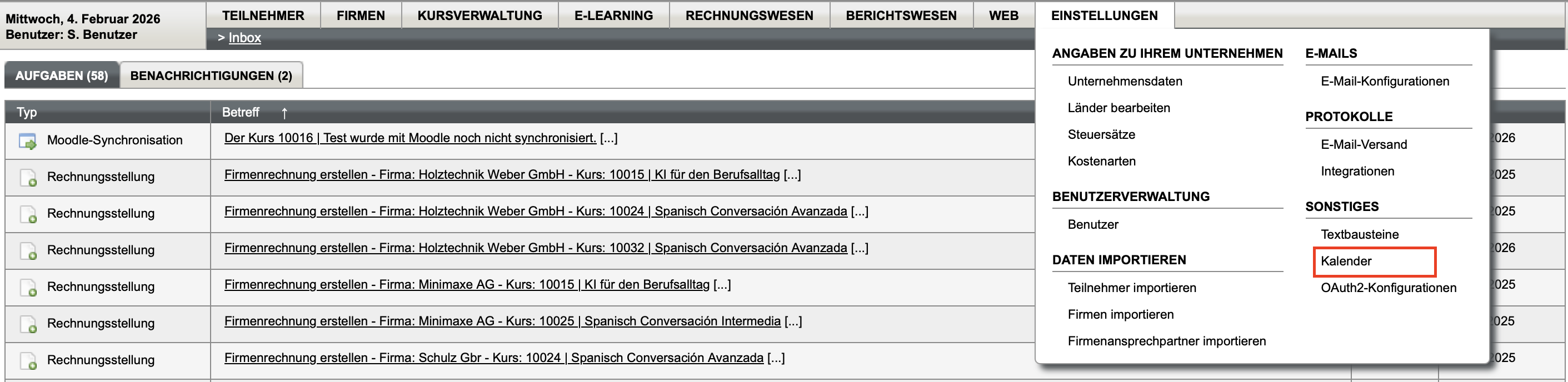 Kalender im Einstellungsmenü finden
