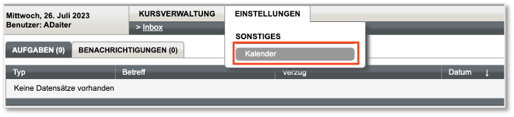 Kalender im Trainer-Einstellungsmenü