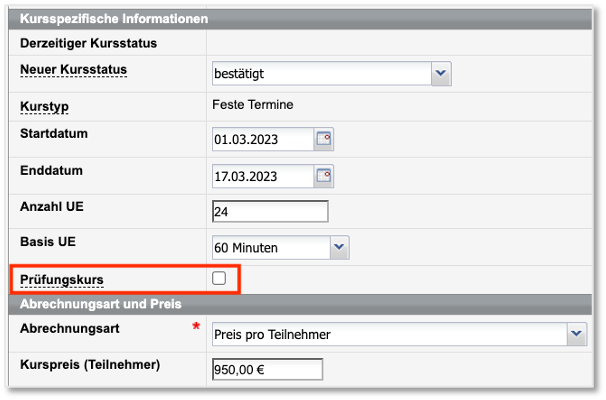Checkbox Prüfungskurs im Kursformular