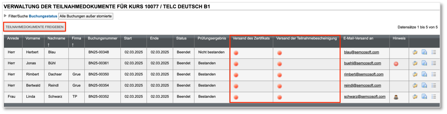 Kursteilnehmerliste mit nicht freigegebenem Versandstatus