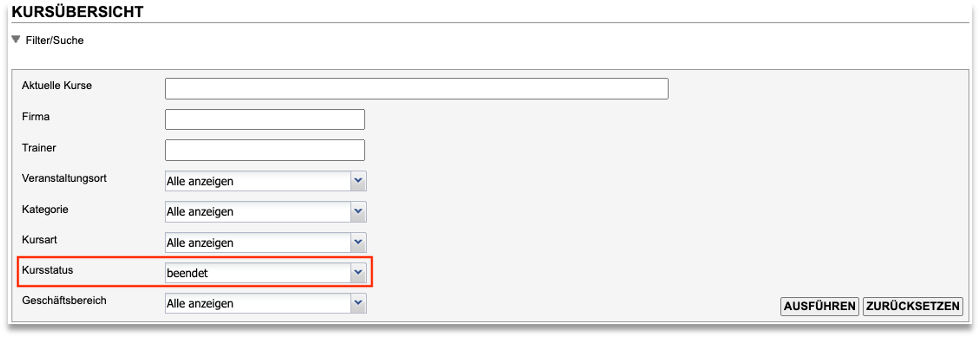 Kursübersicht mit Filterung nach beendeten Kursen