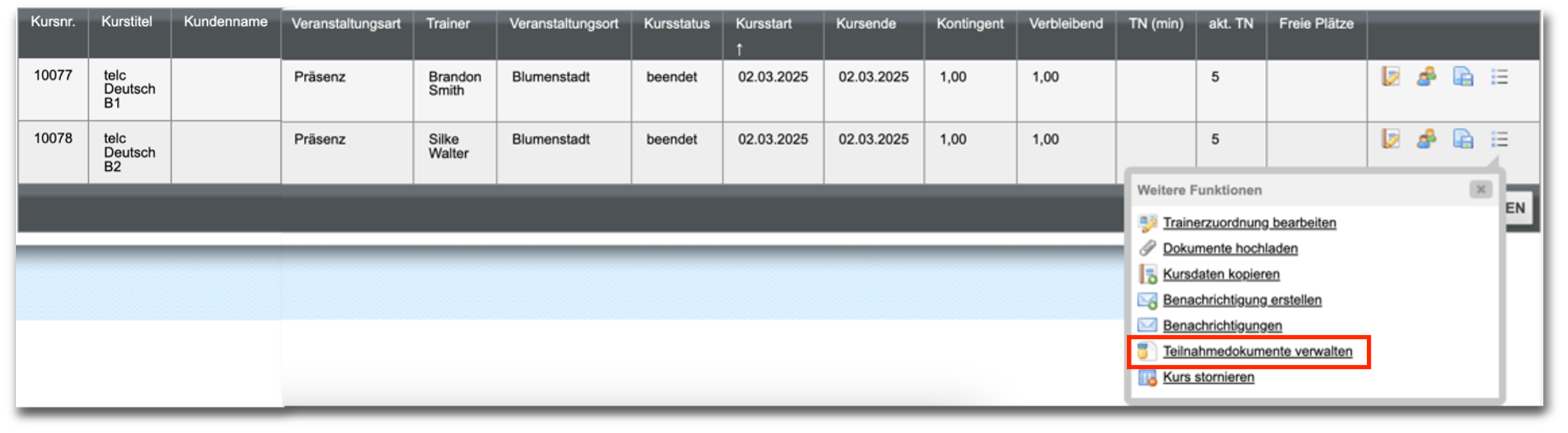 Menü Teilnahmedokumente verwalten in Kursübersicht aufrufen
