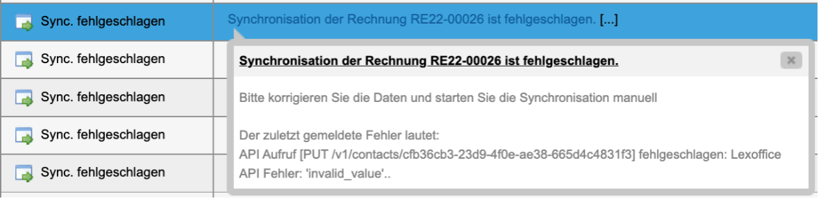 Inbox-Aufgabe bei einem Synchronisationsfehler