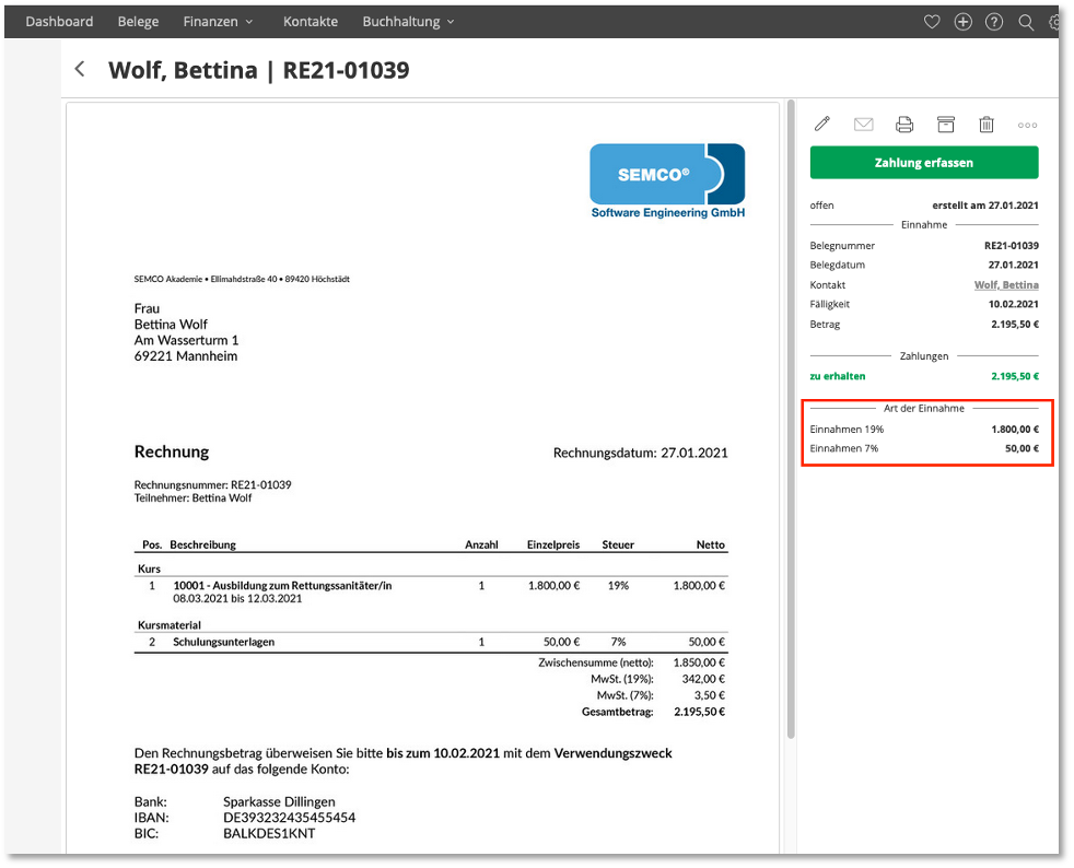 Beleg in Lexware Office für eine SEMCO-Privatrechnung