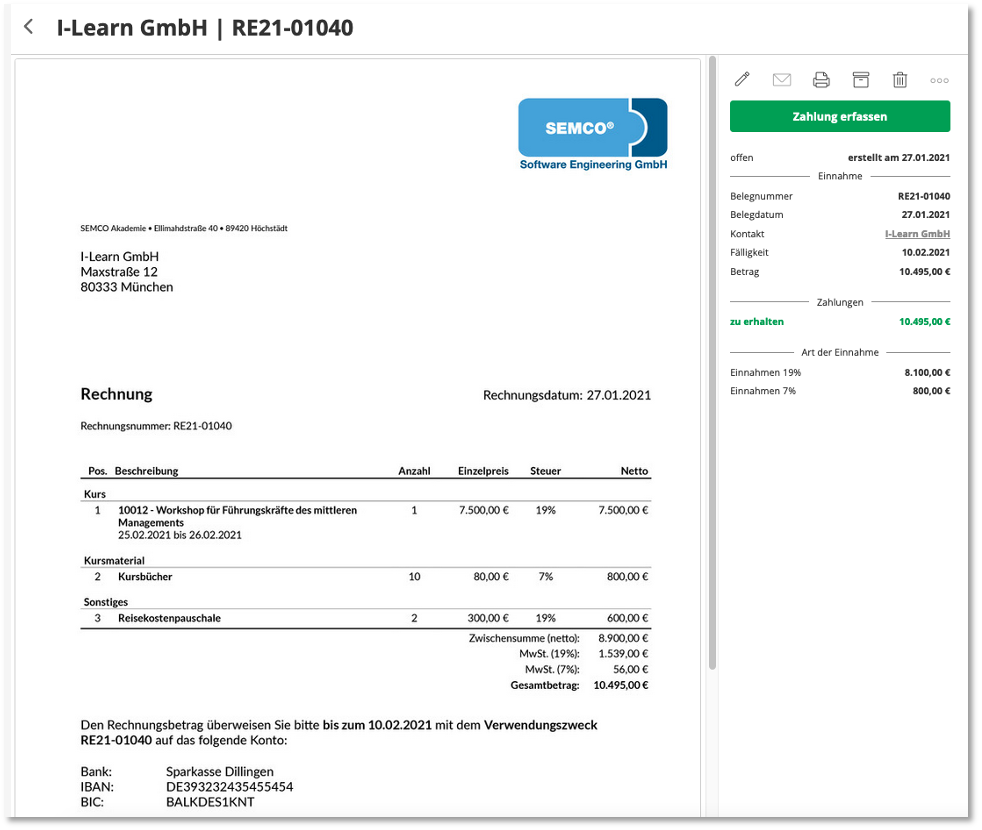 Beleg in Lexware Office für eine SEMOC-Firmenrechnung