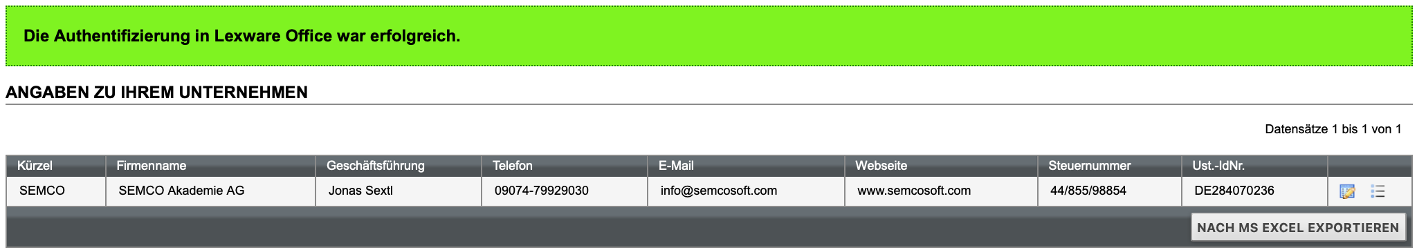 Meldung nach erfolgreicher Authentifizierung bei Lexware Office
