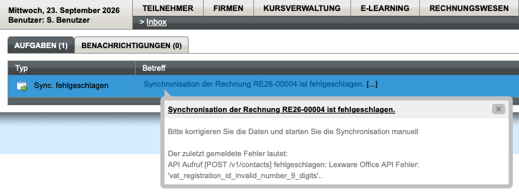 Synchronisationsfehler wegen fehlerhafter USt-ID-Nummer in der Inbox