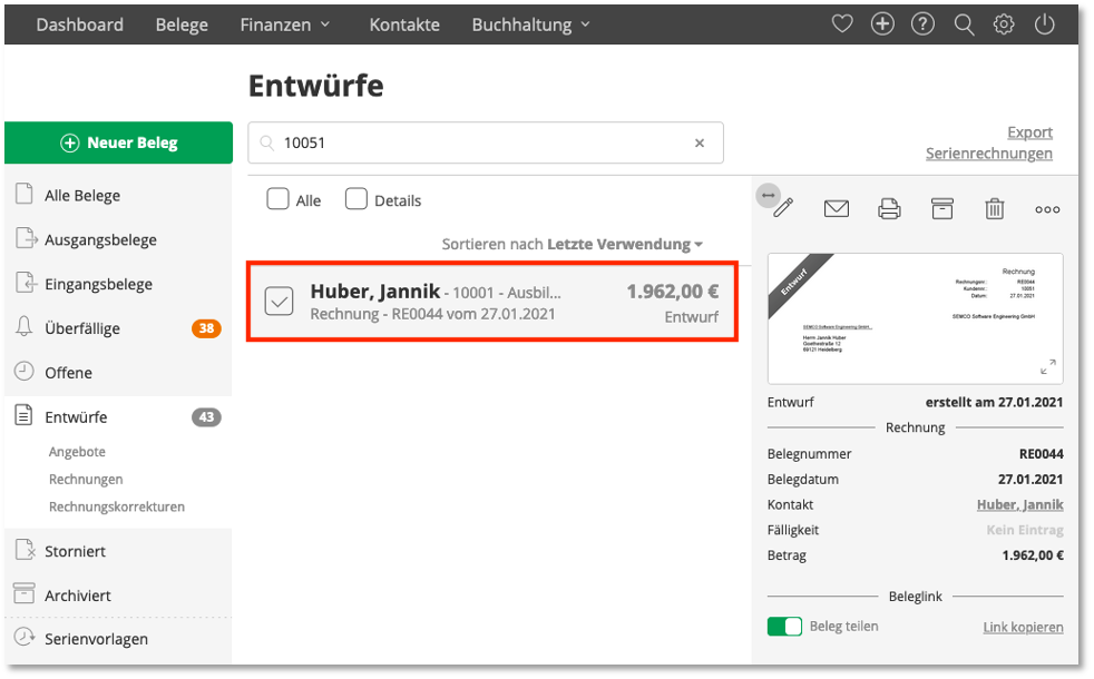 Rechnungsentwurf in Lexware Office