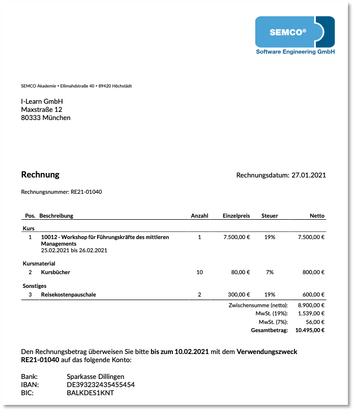 In SEMCO erzeugte Firmenrechnung