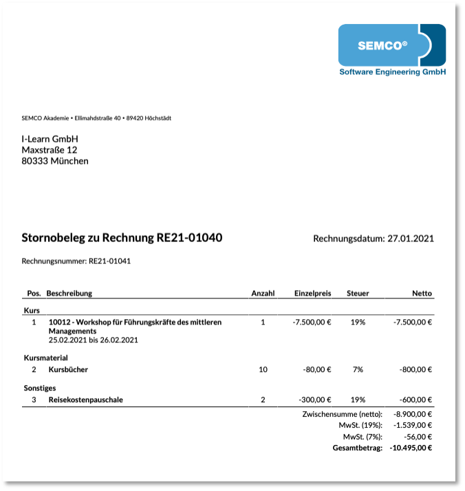 In SEMCO erzeugter Stornobeleg
