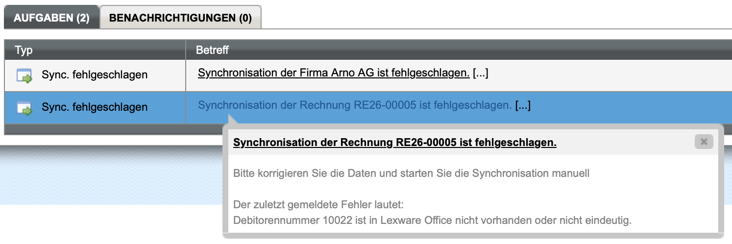 Synchronisationsfehler wegen einer ungültigen Debitorennummer in der Inbox