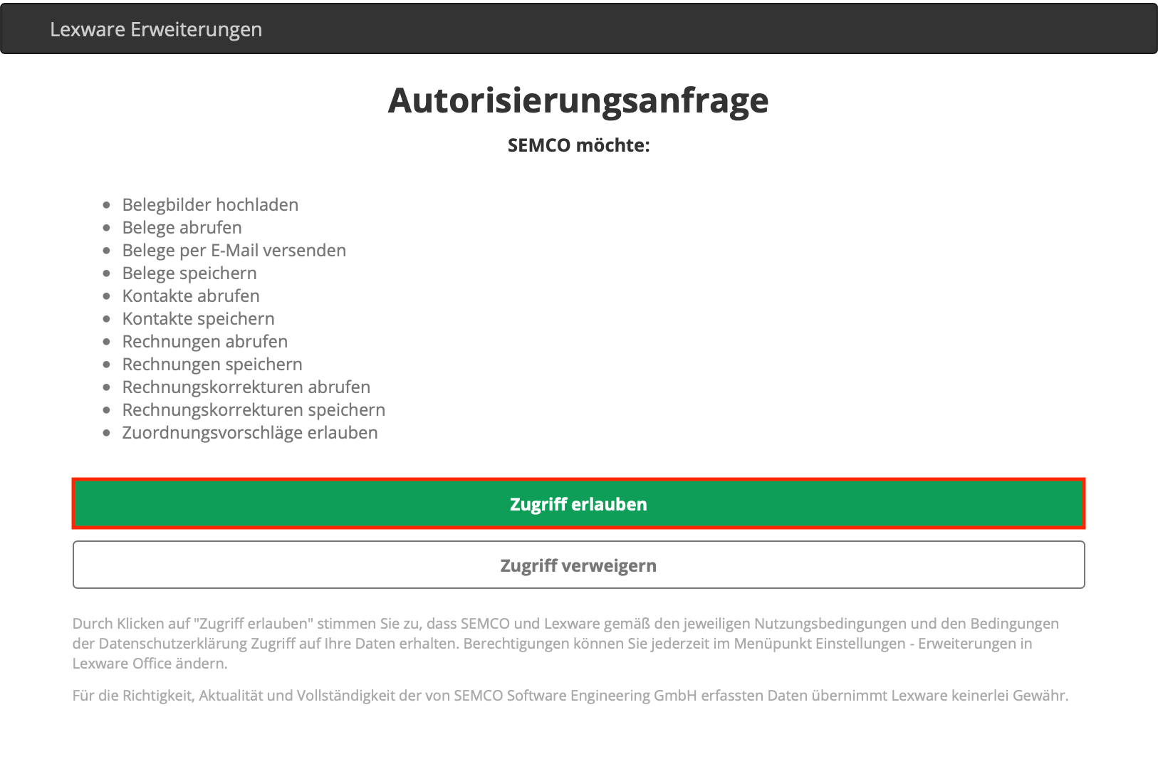 Autorisierungsanfrage bei Lexware Office