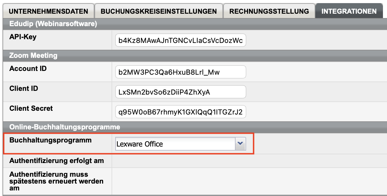 Unternehmensdaten, Registerkarte Integrationen (SEMCO erstellt echte Rechnungen)