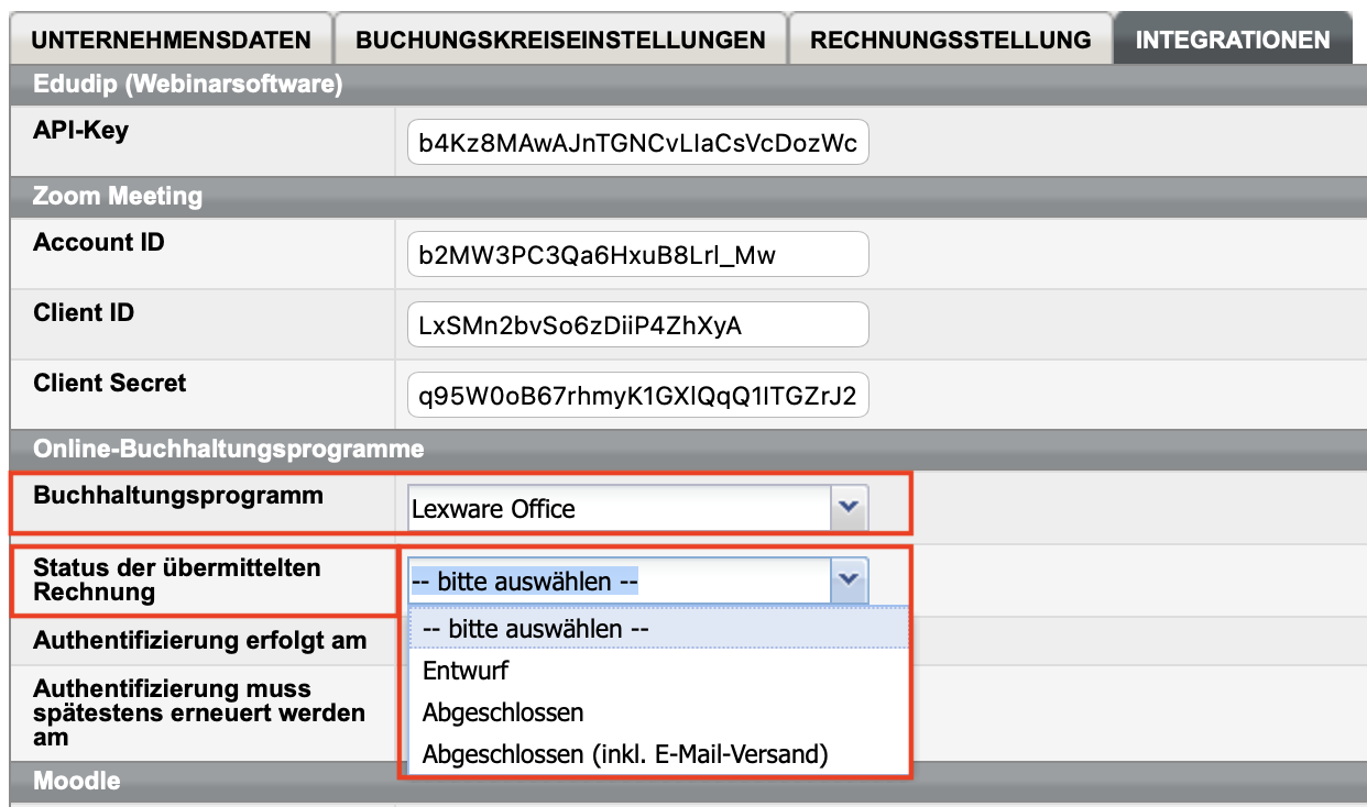 Unternehmensdaten, Registerkarte Integrationen (SEMCO erstellt Pro-Forma-Rechnungen)