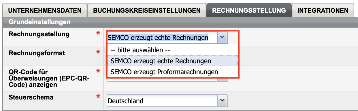 Unternehmensdaten, Registerkarte Rechnungsstellung