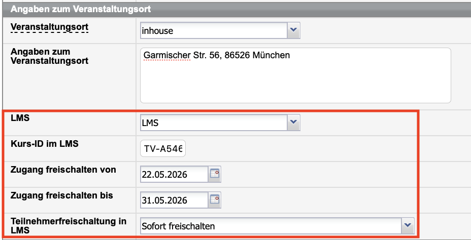 Kursformular mit Angaben zum LMS und der Teilnehmerfreischaltung