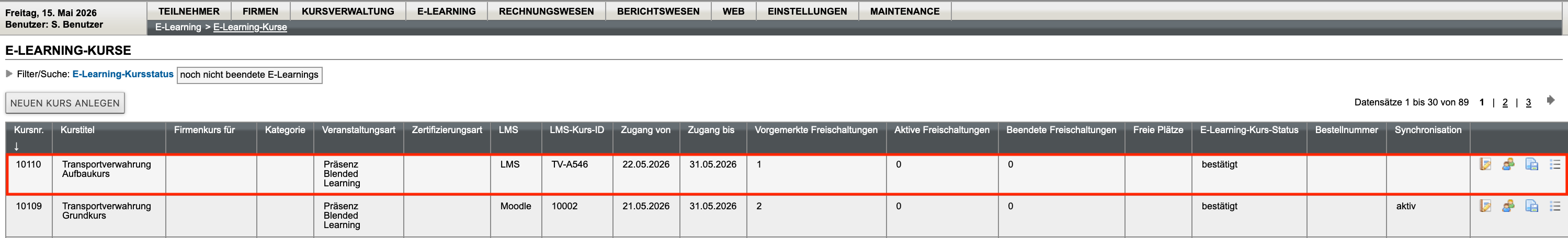 Menü E-Learning-Kurse bei Nutzung von generischem LMS
