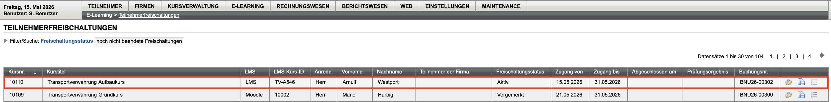 Menü Teilnehmerfreischaltungen bei Nutzung von generischem LMS