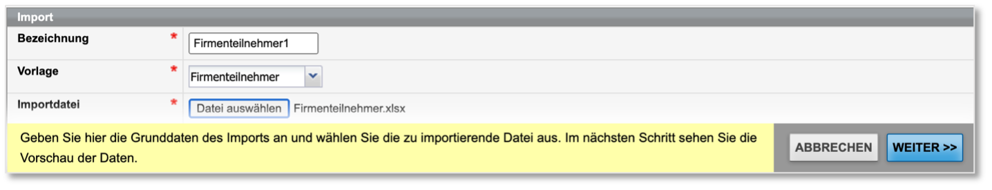 Firmenteilnehmer-Import: Grunddaten eingeben