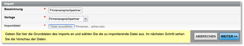 Firmenansprechpartner-Import: Grunddaten eingeben
