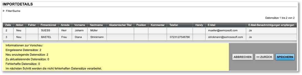 Firmenansprechpartner-Import: Importdetails