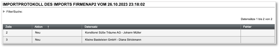 Importprotokoll für Firmenansprechpartner