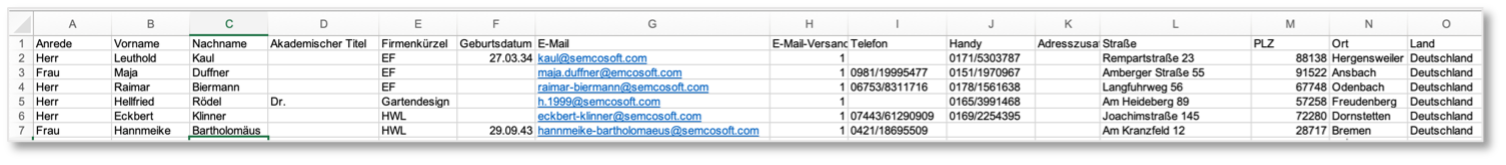 Beispiel für eine ausgefüllte Importvorlage für Teilnehmer