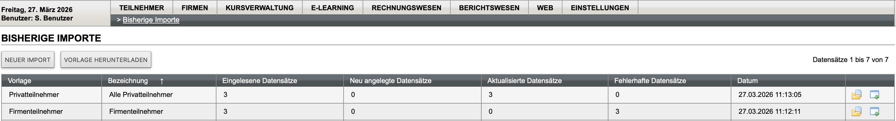 Liste der bisherigen Importe mit Privat- und Firmenteilnehmer-Importen